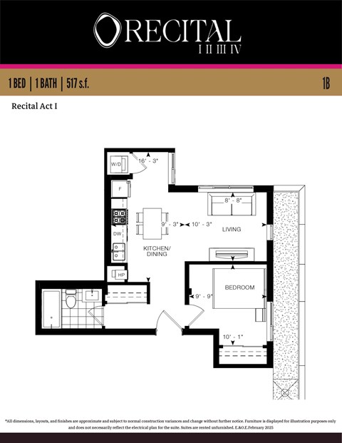 Floor plan for 1 bed, 1 bath, 517 sqft